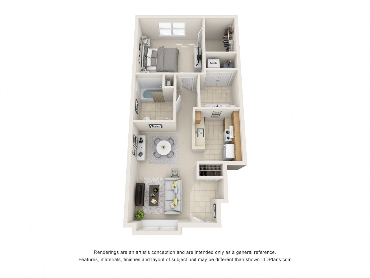 Floor plan for 1 bed, 1 bath, 732 sqft